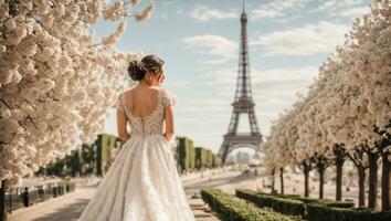 ai generiert schön Mädchen im ein Weiß Brautjungfer Kleid gegen das Hintergrund von das Eiffel Turm foto