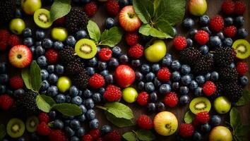 ai generiert verschiedene Früchte und Beeren auf ein dunkel Hintergrund foto