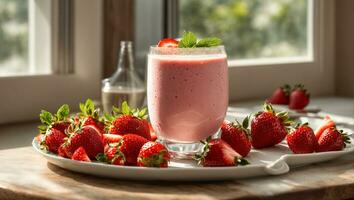 ai generiert Milch Smoothie mit Erdbeeren im das Küche foto