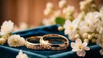 ai generiert Gold Ring auf ein Hintergrund von schön Blumen Jahrestag foto