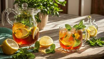 ai generiert kalt Tee mit Zitrone und Minze auf das Tabelle im Glas foto