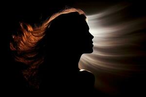 ai generiert Silhouette von ein weiblich Stehen mit lange Haar foto