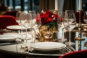 ai generiert elegant Tabelle einstellen im rot Silber und Gold, zum Weihnachten Abendessen Einstellung, . foto