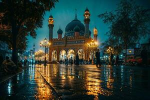 ai generiert ein Moschee beleuchtet beim Nacht während Ramadan, mit Anbeter ankommen zum Gebete, das Szene vermitteln ein Sinn von Gemeinschaft und Spiritualität foto