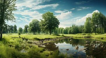 ai generiert Landschaft mit Bäume, Wald Sicht, tropisch Wald Sicht, Pflanzen und Bäume foto