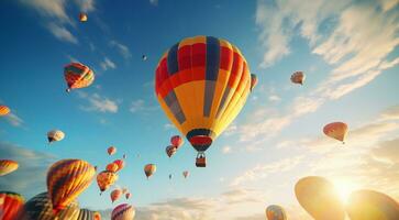 ai generiert heiß farbig Luft Luftballons im Himmel, Nahansicht von heiß Luft Luftballons foto