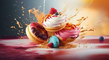 ai generiert farbig Süßigkeiten auf abstrakt Hintergrund, farbig Süßigkeiten auf Hintergrund, Süss Kekse auf bunt Hintergrund, Süßigkeiten Hintergrund foto