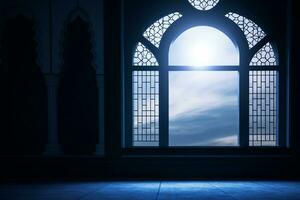 ai generiert Mond Licht scheinen durch das Fenster in islamisch Moschee Innere foto