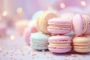 ai generiert Vielfalt Pastell- Farbe Nahansicht Französisch Macarons auf verschwommen Hintergrund und glitzerte Star Süss und Nachtisch, bunt Französisch Nachspeisen Banner mit Exemplar. generiert ai foto