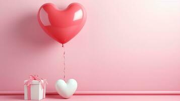 ai generiert schwebend Herz Ballon und Geschenkbox-Hintergrund, Weiß und Rosa Pastell, realistisches Foto, glücklich Valentinstag Tag romantisch Tag foto