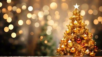 ai generiert ein golden Weihnachten Baum ist gezeigt im Vorderseite von ein verschwommen Hintergrund foto