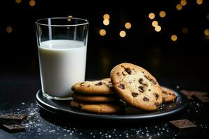 ai generiert Kekse und Milch auf ein dunkel Oberfläche foto