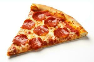 ai generiert ein Scheibe von Peperoni Pizza auf ein Weiß Hintergrund foto