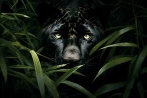 ai generiert Erfassung von mächtig Panther getarnt im das Schatten von ein dicht Urwald foto
