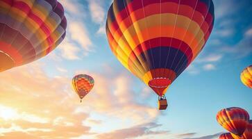 ai generiert heiß farbig Luft Luftballons im Himmel, Nahansicht von heiß Luft Luftballons foto