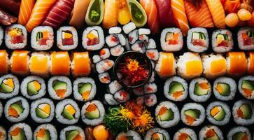 ai generiert Nahansicht von Sushi Rollen auf das Tisch, Sushi Rollen Satz, Sushi Hintergrund, einstellen von Sushi Rollen, Meeresfrüchte Satz, entworfen Shushi Rollen foto