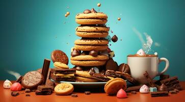 ai generiert Süßigkeiten auf das abstrakt Hintergrund, Kekse auf das Tisch, Süßigkeiten, Schokolade, bunt Hintergrund, köstlich Süßigkeiten, Süss Hintergrund Banner foto