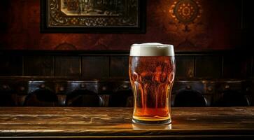 ai generiert Glas von Bier auf abstrakt Hintergrund, Bier Hintergrund, Glas von Bier im das dunkel, Bier mit Schaum, alkoholisch trinken auf dunkel Hintergrund foto