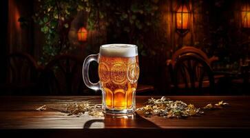 ai generiert Glas von Bier auf abstrakt Hintergrund, Bier Hintergrund, Glas von Bier im das dunkel, Bier mit Schaum, alkoholisch trinken auf dunkel Hintergrund foto