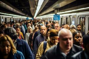 ai generiert Menschen warten zum das Zug im Mailand. Mailand ist das Hauptstadt und das größten Stadt von Italien, ai generiert foto