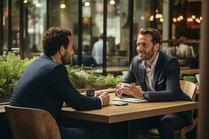 ai generiert zwei Geschäftsleute Sitzung beim ein Tabelle im ein Cafe, reden und Trinken Kaffee, Geschäftsmann Beratung Kunde im Cafe, ai generiert foto