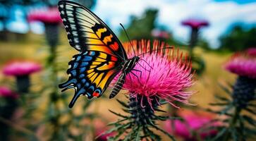 ai generiert bunt Schmetterling auf ein Blume, abstrakt farbig Schmetterling auf Abstraktion farbig Hintergrund, bunt Hintergrund Hintergrund, abstrakt farbig Schmetterling auf farbig Blatt foto