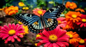 ai generiert bunt Schmetterling auf ein Blume, abstrakt farbig Schmetterling auf Abstraktion farbig Hintergrund, bunt Hintergrund Hintergrund, abstrakt farbig Schmetterling auf farbig Blatt foto