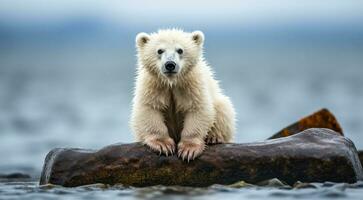 ai generiert Polar- Bär im das Schnee, Polar- Bär im das See, Weiß Bär im das Natur, Polar- Bär im das Polar- Regionen, Nahansicht von Weiß Bär foto