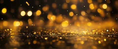 ai generiert golden Bokeh, regnet Licht, verschwommen Beleuchtung, Nacht Beleuchtung, Stadt Beleuchtung, runden Bokeh, verschwommen Hintergrund, Gold Konfettis auf ein schwarz Hintergrund, Gelb und orange, Kreis Bokeh foto