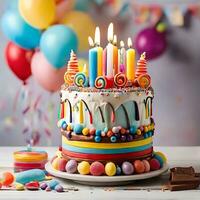 ai generiert Geburtstag Kuchen mit Kerzen, Geburtstag Party zum Kinder, Schokolade, Zucker und Süßigkeiten, Kerzen, süss, Kinder haben Spaß, bunt Kuchen, Regenbogen, mehrfarbig Luftballons und funkelt. foto