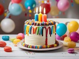 ai generiert Geburtstag Kuchen mit Kerzen, Geburtstag Party zum Kinder, Schokolade, Zucker und Süßigkeiten, Kerzen, süss, Kinder haben Spaß, bunt Kuchen, Regenbogen, mehrfarbig Luftballons und funkelt. foto