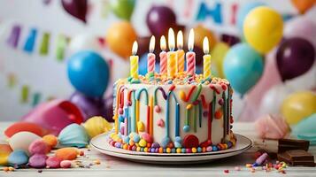 ai generiert Geburtstag Kuchen mit Kerzen, Geburtstag Party zum Kinder, Schokolade, Zucker und Süßigkeiten, Kerzen, süss, Kinder haben Spaß, bunt Kuchen, Regenbogen, mehrfarbig Luftballons und funkelt. foto