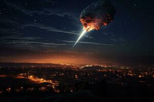 ai generiert fallen Meteorit Über Nacht Stadt foto