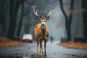 ai generiert Hirsch Kreuzung Auto Straße in der Nähe von Wald foto