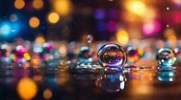 ai generiert verschwommen Konfetti, Wasser Blasen, regnen, verschwommen, Nacht, Stadt Beleuchtung, verschwommen Hintergrund, Bokeh Beleuchtung, Tiefe von Feld, abstrakt Hintergrund, Mehrfarbig, Regenbogen, Stadt Weihnachten Licht, foto