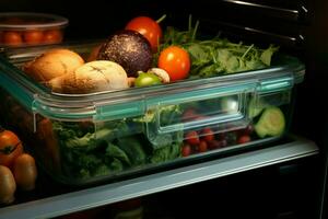 ai generiert frisch von das Kühlschrank nehmen aus ein Essen Container zum ein köstlich behandeln ai generiert foto