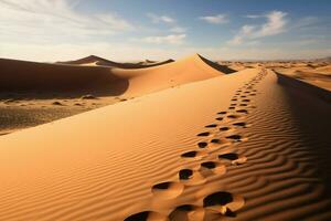 ai generiert Fußabdrücke sagen Erzählungen Naturen Abdrücke auf ein still Sand Düne foto