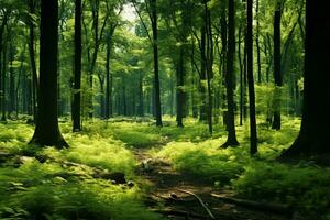 ai generiert ein beschwingt Grün Wald mit vielfältig Flora und hoch majestätisch Bäume foto