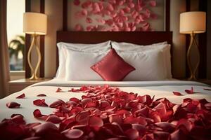 ai generiert Hotel Romantik Bett geschmückt mit Rose Blütenblätter Erstellen ein romantisch Rahmen ai generiert foto