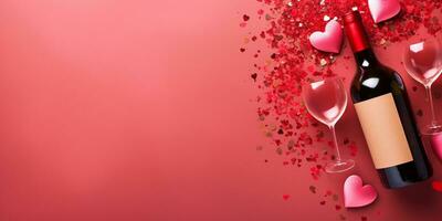 ai generiert Valentinstag Tag Hintergrund mit rot Wein, Geschenk Box und Herzen generiert ai foto