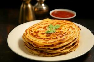 ai generiert Liebling Frühstück Paratha, Kanai, oder Roti Maryam auf ein Teller foto