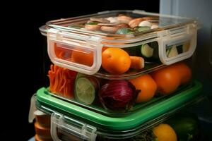ai generiert Kühlschrank finden abrufen ein Essen Container von das Kühlschrank zum ein Mahlzeit ai generiert foto