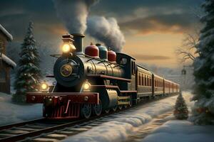 ai generiert Weihnachten thematisch Zug Reisen durch ein schneebedeckt Winter Landschaft ai generiert foto