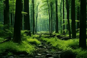 ai generiert üppig Grün Wald mit majestätisch Bäume, klein Gebüsch, und Farne foto