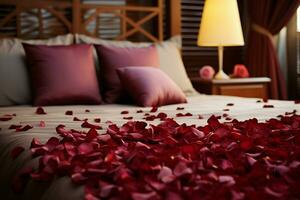 ai generiert elegant Geste Rose Blütenblätter auf das Bett Hinzufügen ein berühren von Luxus und Romantik ai generiert foto
