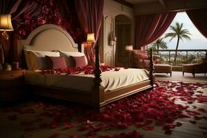 ai generiert romantisch Ambiente Rose Blütenblätter verstreut auf ein Bett im ein Hotel Zimmer ai generiert foto