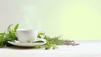 ai generiert ein Tasse von Tee mit Kräuter auf ein Weiß Tabelle gegen ein Grün Hintergrund. foto