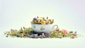 ai generiert ein Weiß Teetasse gefüllt mit ein Anordnung von Blumen und Grün auf ein Weiß Hintergrund. foto