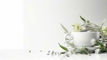 ai generiert ein Weiß Tee Tasse gefüllt mit Grün und Gelb Blumen und Blätter gegen ein Weiß Hintergrund. foto