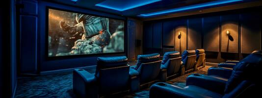 ai generiert Luxus Zuhause Kino im ein Privat Residenz, Clever Zuhause foto